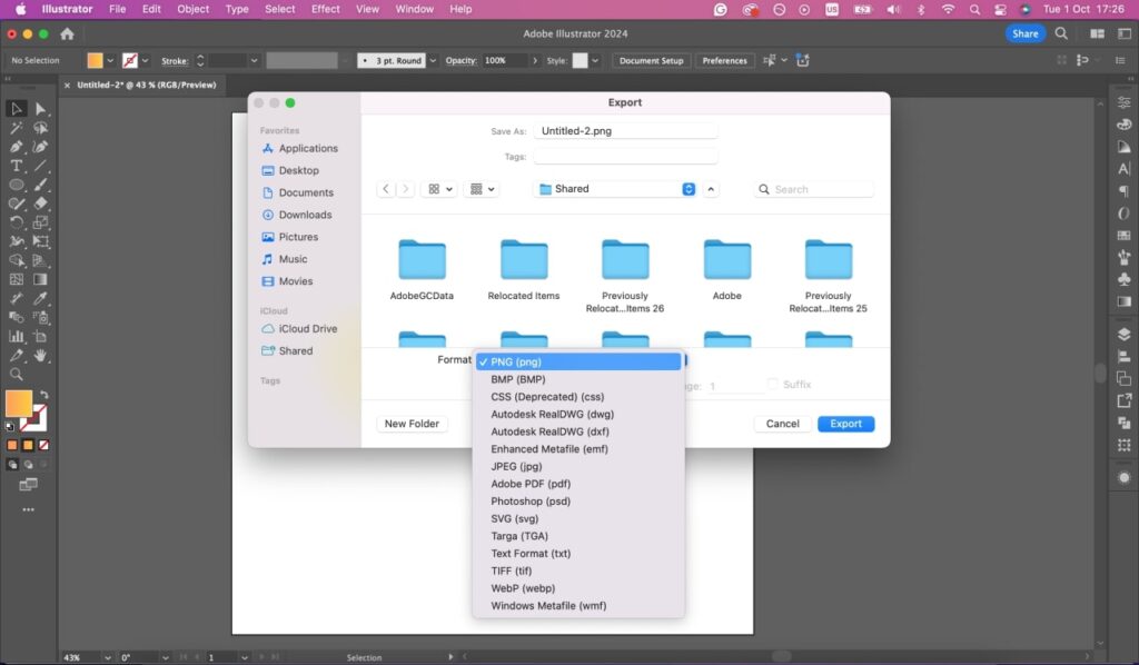 Adobe Illustrator file export format selection.