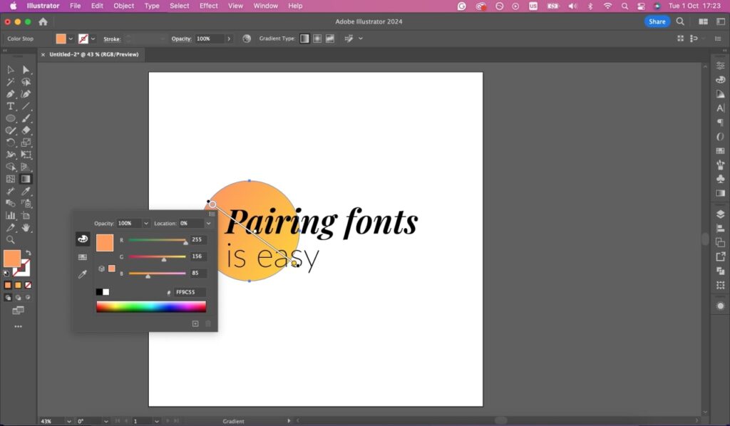 Adobe Illustrator gradient tool applied to a shape.