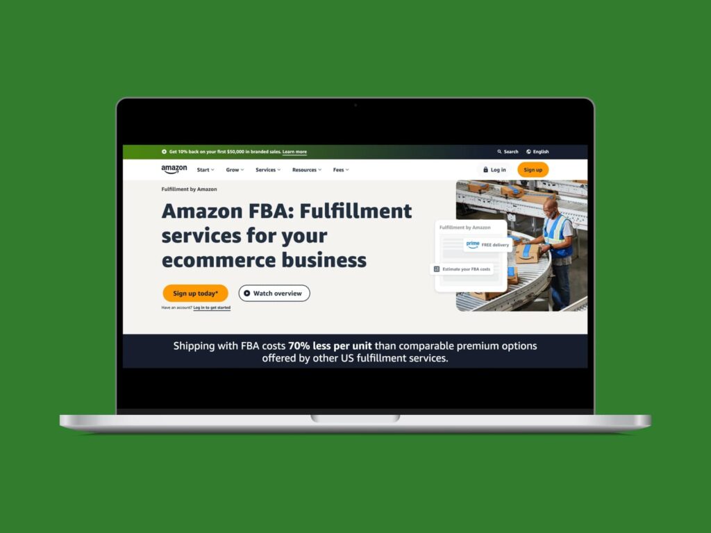 Fulfillment by Amazon (FBA) homepage hero section screenshot.
