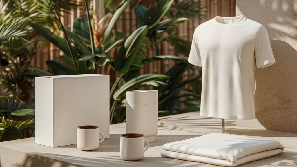 Examples of white label products: t-shirt, mugs, packaging, and a towel.