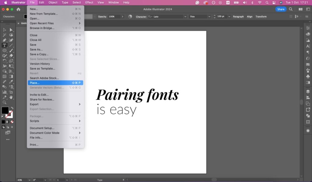 Adobe Illustrator external file placement tab.