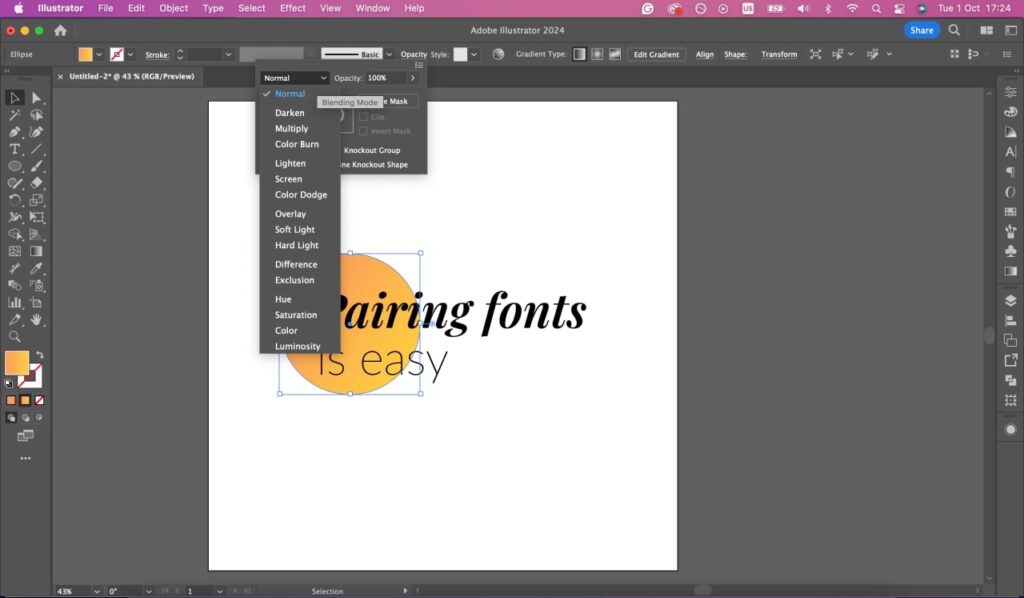 Object blending mode tab in Adobe Illustrator.