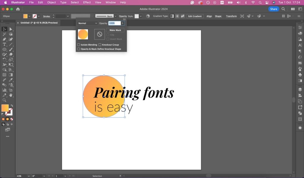 Object opacity tab in Adobe Illustrator.