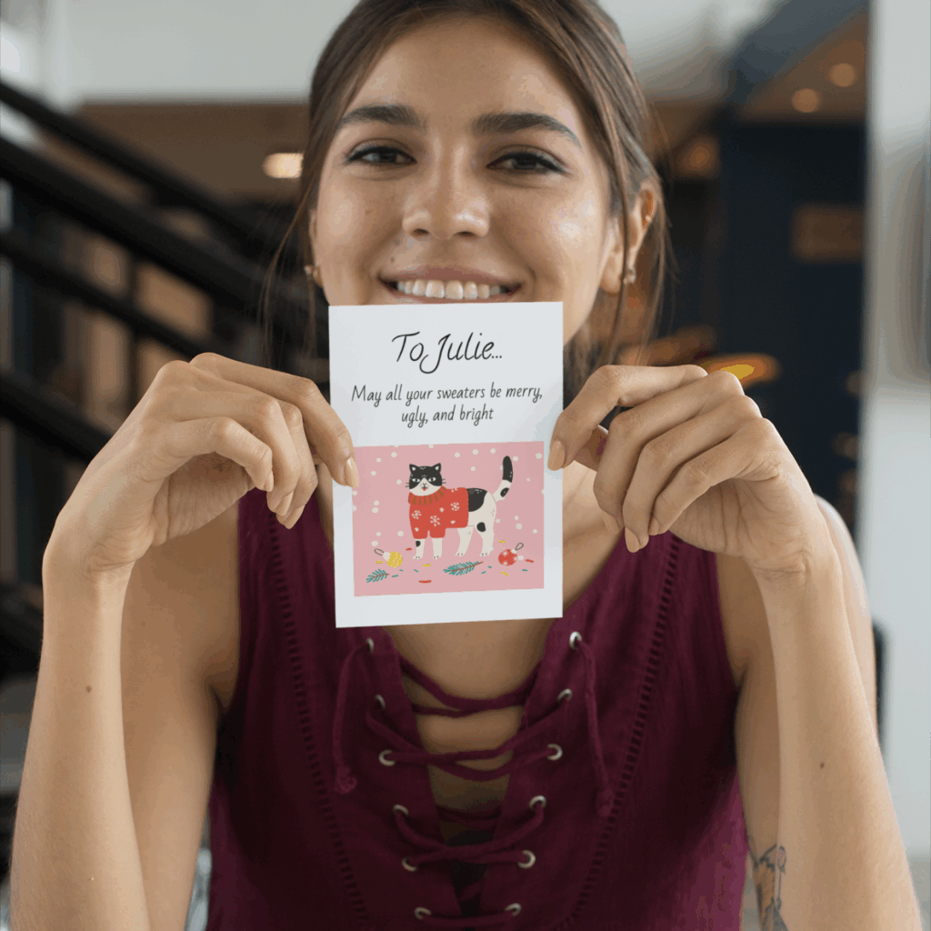 A woman smiles while holding a card featuring a colorful illustration of a cat.