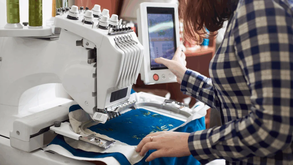 A woman is setting up an embroidery machine.