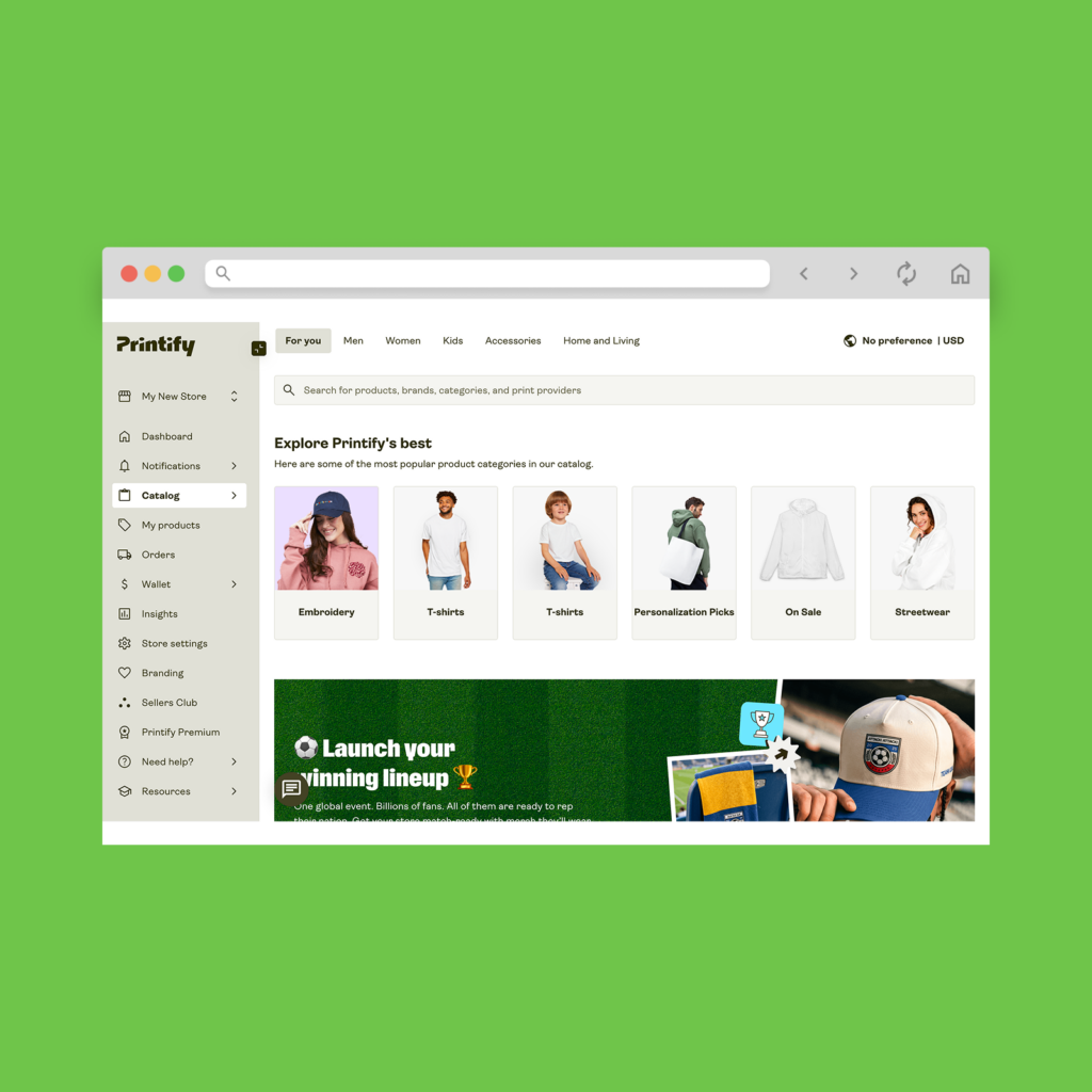 A screenshot mockup showing Printify’s catalog and products in the user account menu.