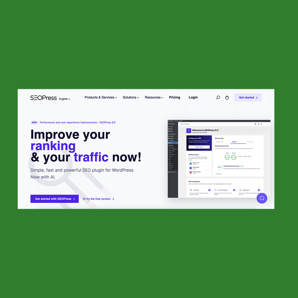Screenshot of the SEOPress homepage.