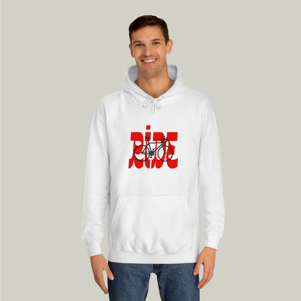 A man wearing a custom white “Ride” hoodie with a bicycle print.