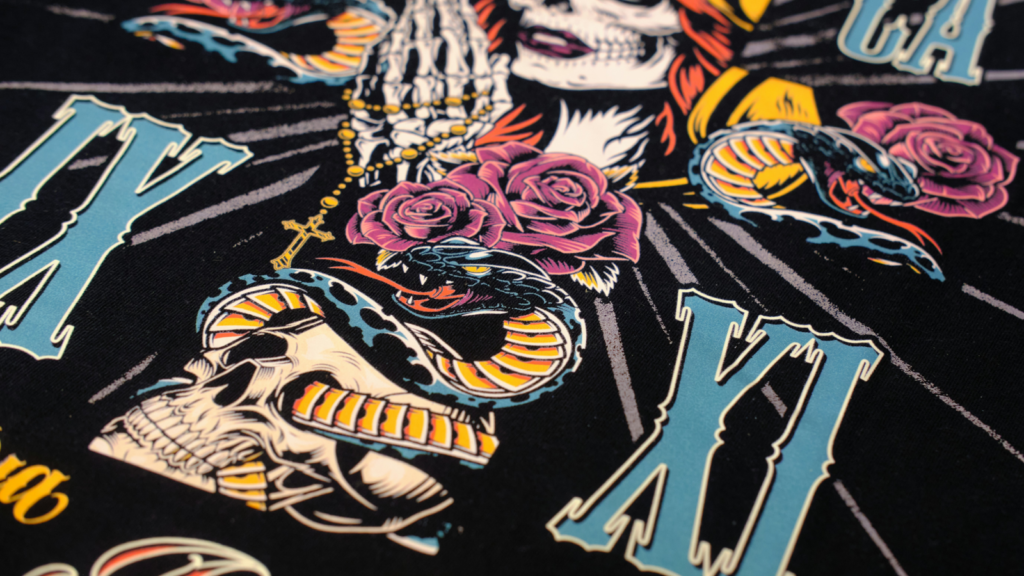 A close-up of a custom t-shirt made using DTF printing.