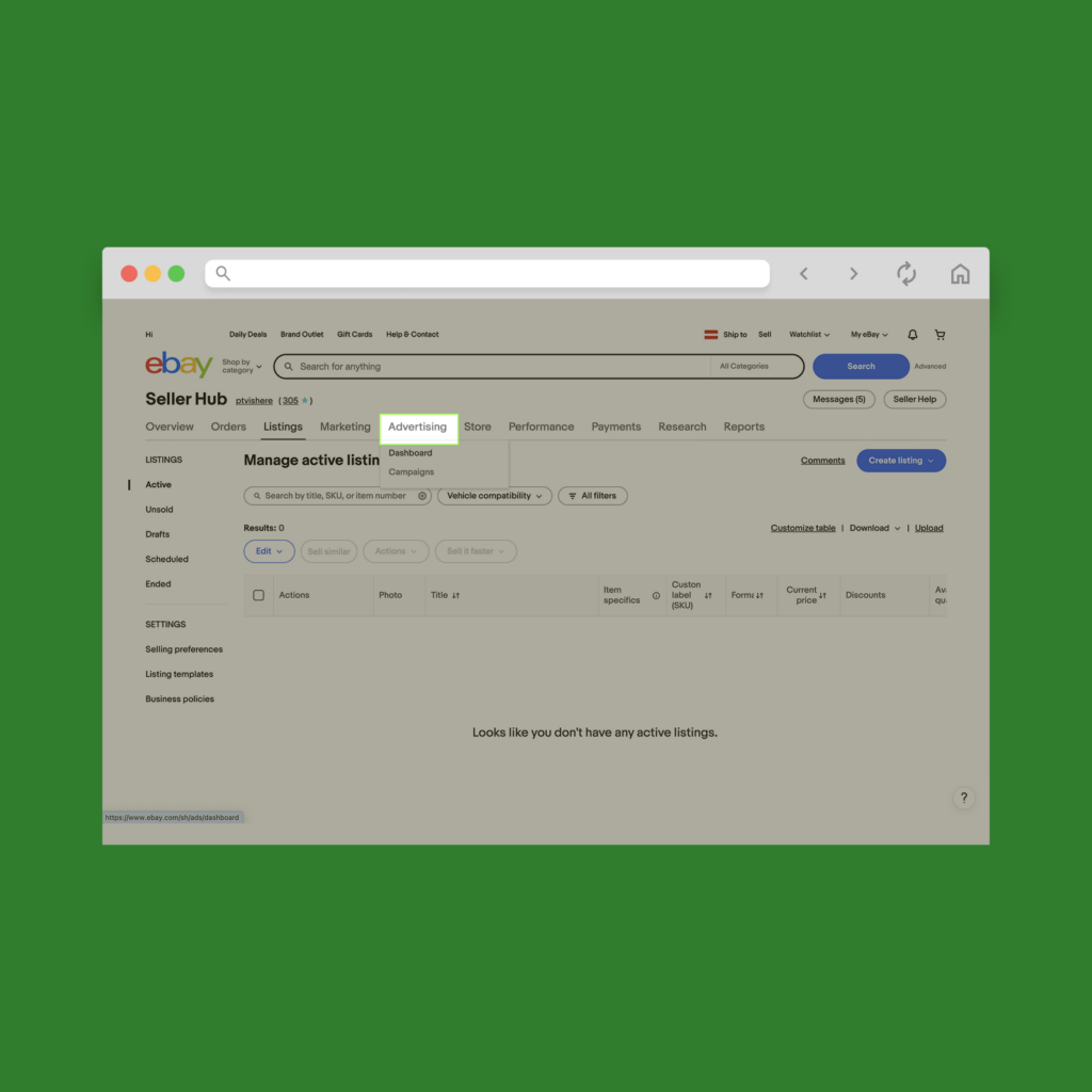A screenshot showing eBay’s Seller Hub advertising tab.