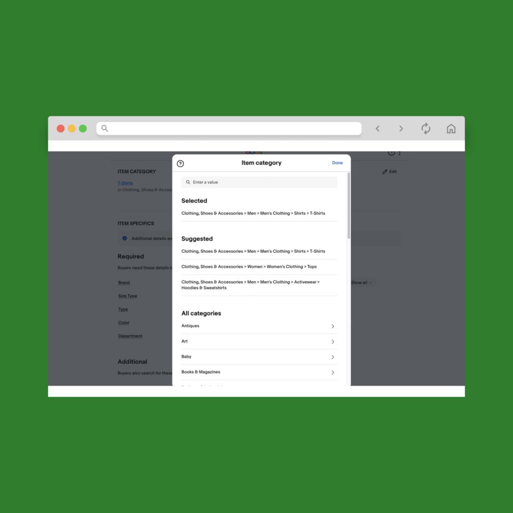 A screenshot mockup showing how to choose item categories when creating a new listing.