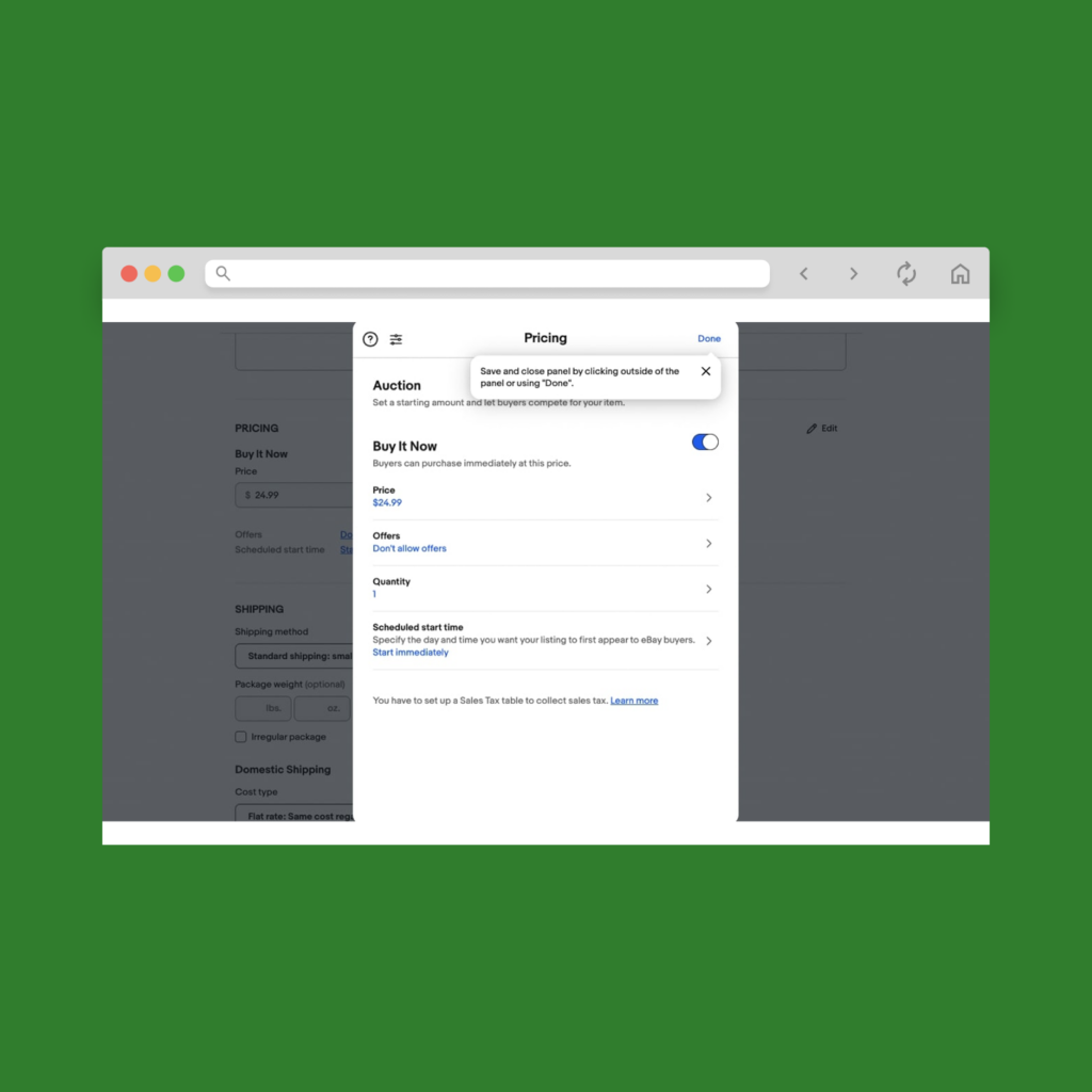 A screenshot mockup showing pricing settings when creating a new eBay listing.